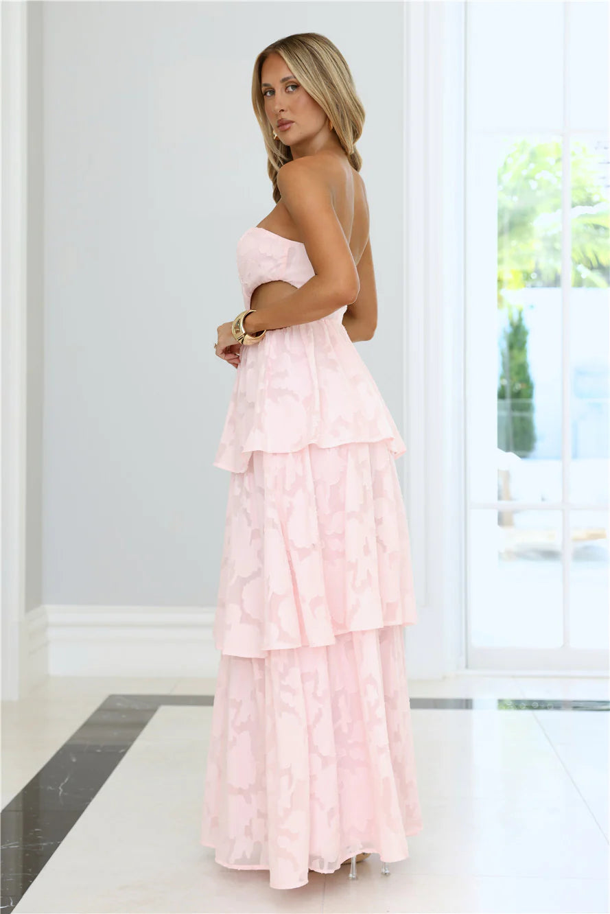 Ethereal Blush Pink Floral Burnout Strapless Maxi Dress with Sweetheart Neckline, Side Waist Cutout, Tiered Layered Ruffle Skirt, Open Back Zipper Closure and Sheer Textured Fabric