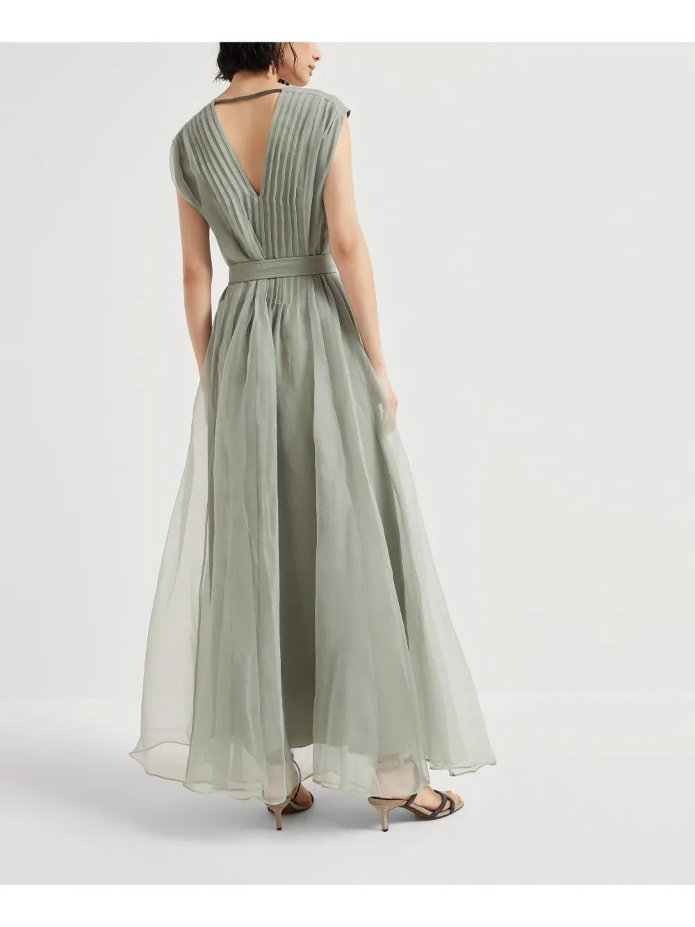 Ethereal Sage Green Pleated Chiffon V-Neck Evening Dress