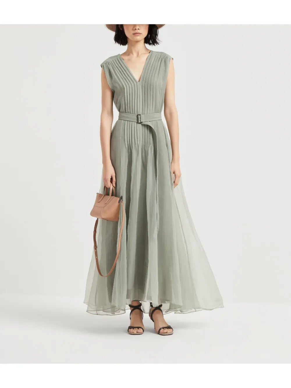 Ethereal Sage Green Pleated Chiffon V-Neck Evening Dress