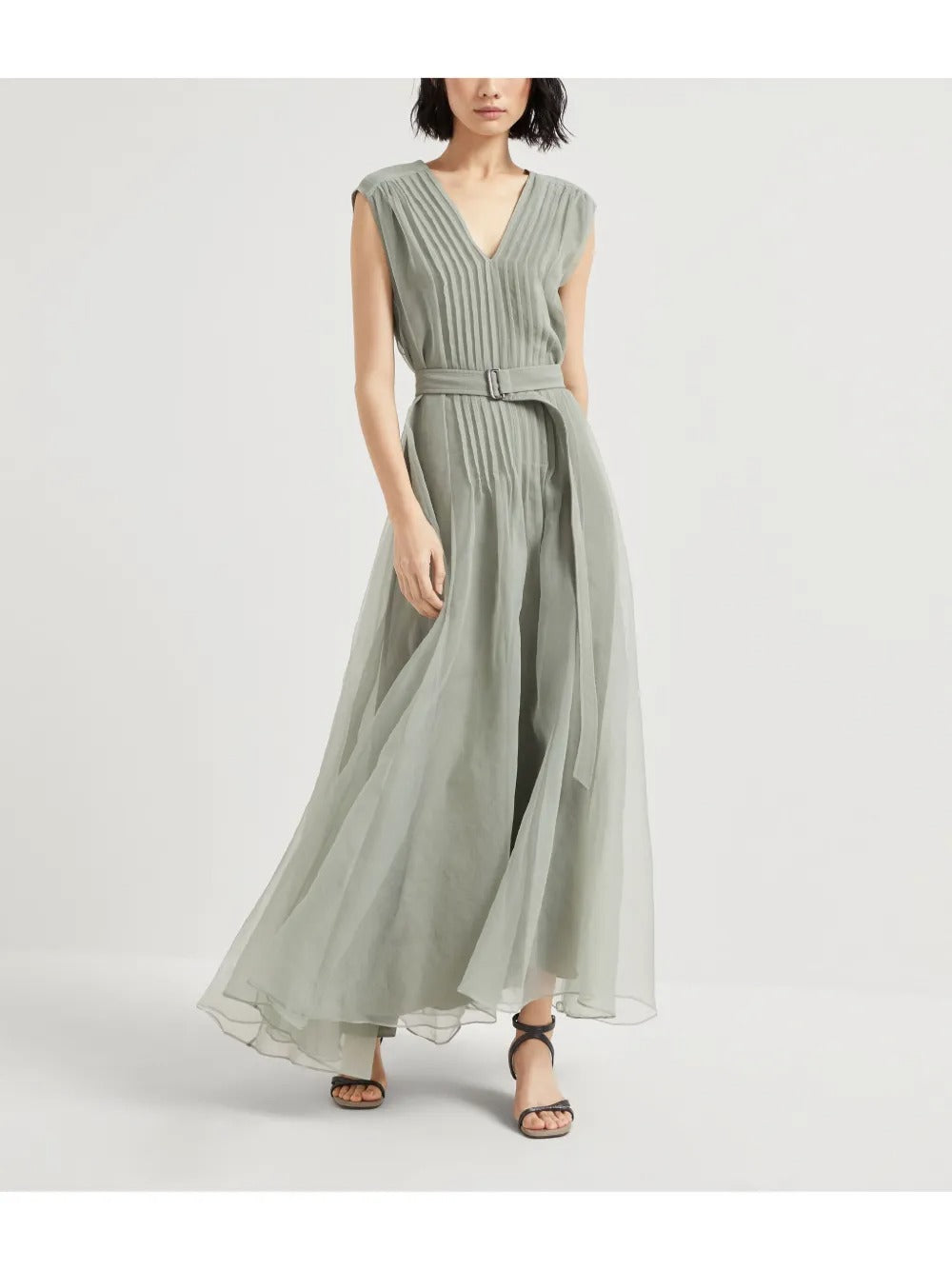 Ethereal Sage Green Pleated Chiffon V-Neck Evening Dress