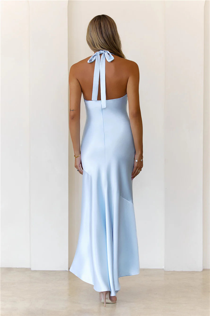 Ethereal Sky Blue Satin Halter Maxi Dress with Beaded Strap Detail, Cowl Neckline, Asymmetrical Ruffle High-Low Hem and Back Tie Closure