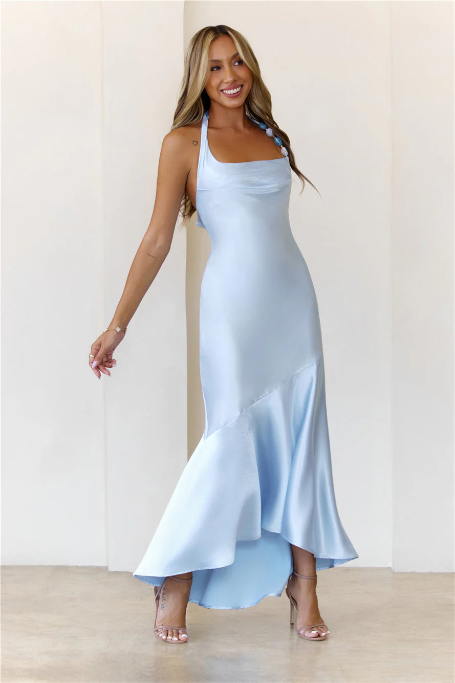 Ethereal Sky Blue Satin Halter Maxi Dress with Beaded Strap Detail, Cowl Neckline, Asymmetrical Ruffle High-Low Hem and Back Tie Closure