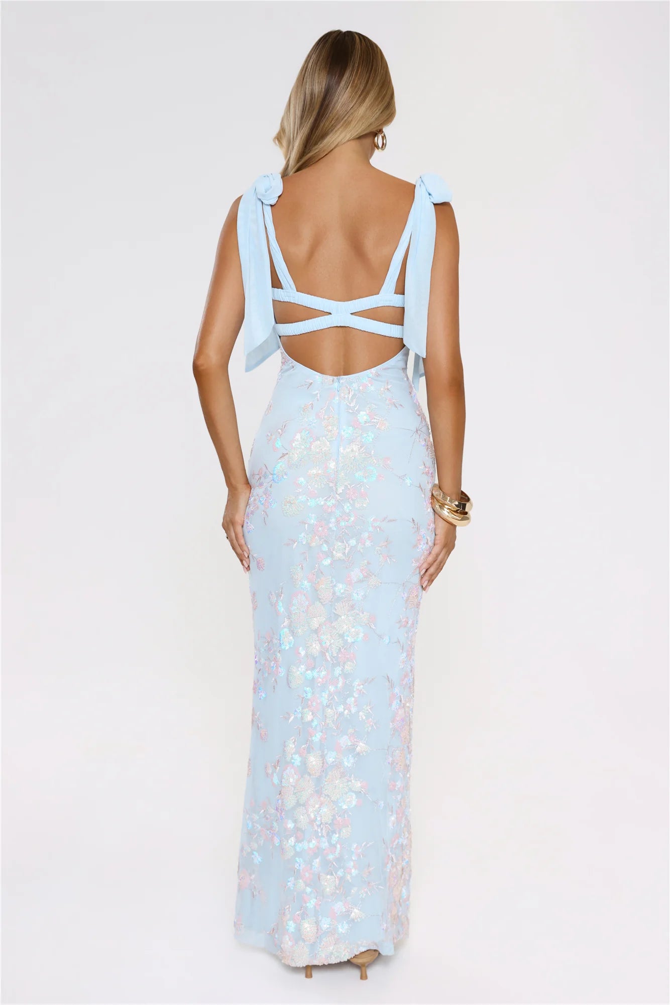 Ethereal Sky Blue Sequin Floral Maxi Dress with Square Neckline, Bow Shoulder Straps, Crisscross Open Back and Form-Fitting Silhouette