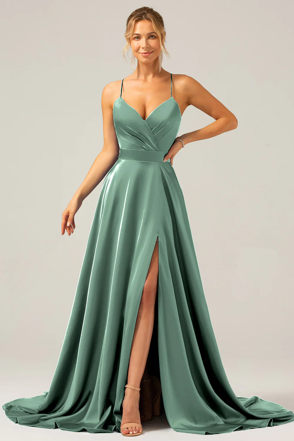 A-line V-neck pleated satin bridesmaid dress with slit