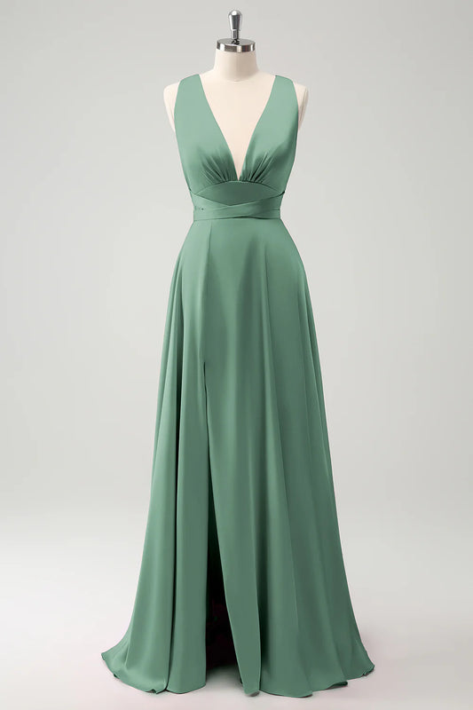 A-line deep V-neck backless strap long bridal dress