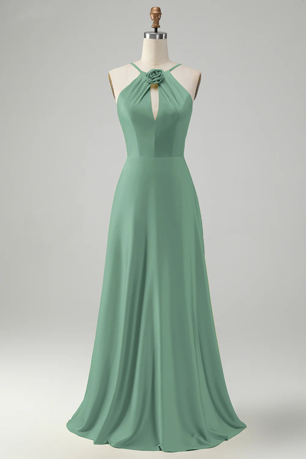 A-line hanging neck backless pleated long bridesmaid floral dress