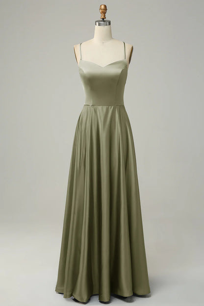 A-line thin suspender backless strap satin bridesmaid dress