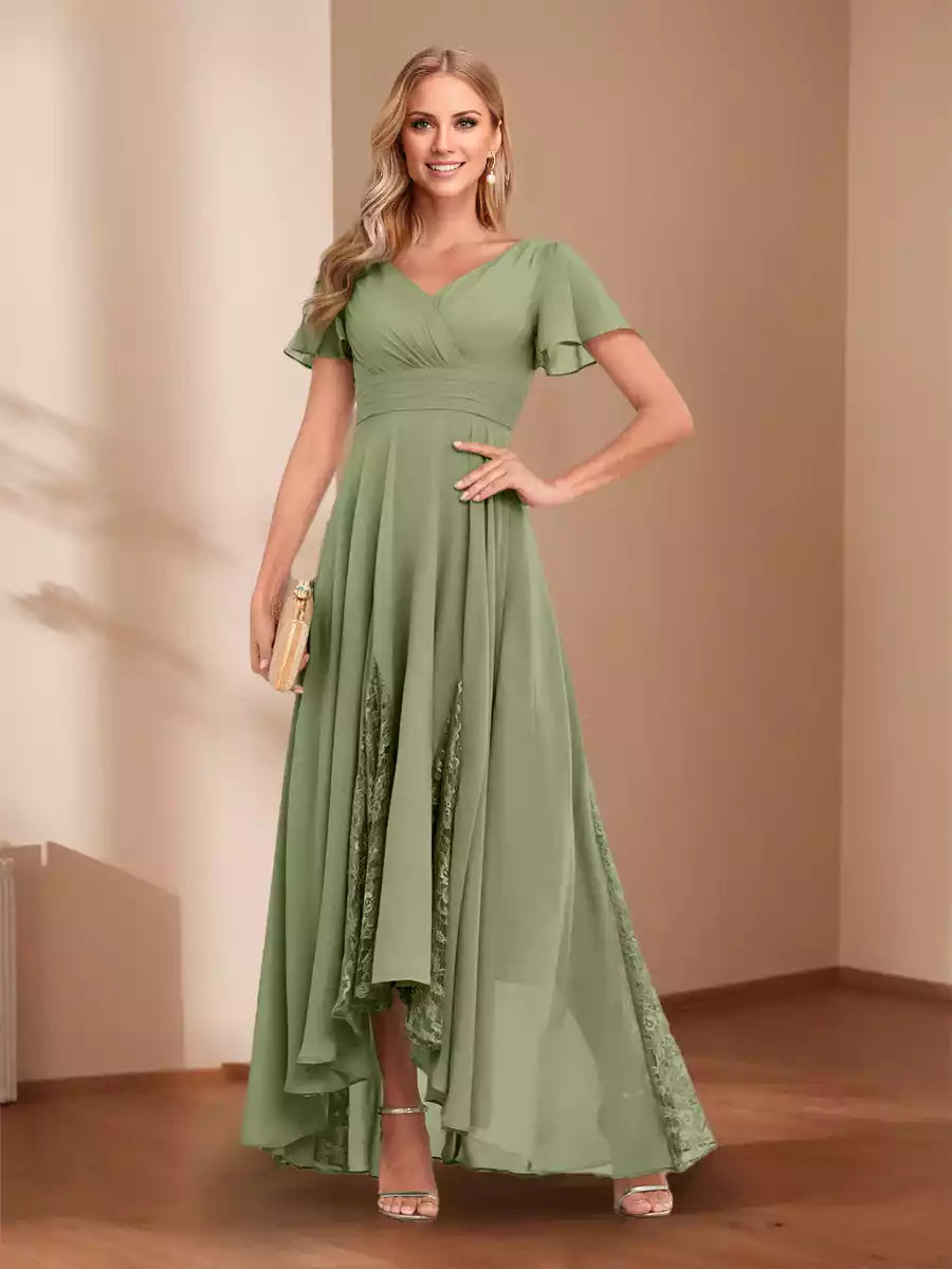 Exquisite A-line/Princess V-neck pleated asymmetrical lace decal Mother of the Bride Dresses