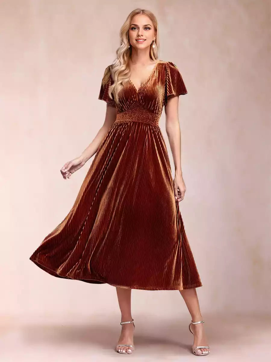 Exquisite A-line/princess style velvet V-neck knee length Mother of the Bride Dresses