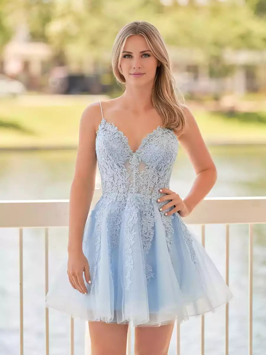 Exquisite A-line thin shoulder strap lace sleeveless shoulder curve lace back Homecoming Dresses