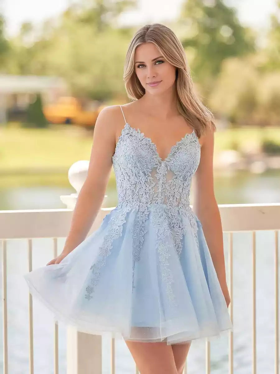 Exquisite A-line thin shoulder strap lace sleeveless shoulder curve lace back Homecoming Dresses