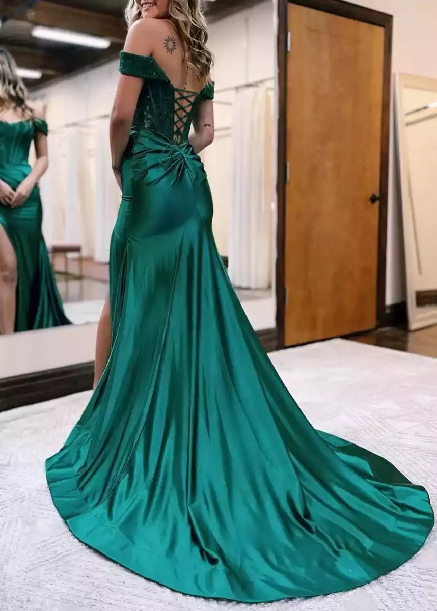 Exquisite and elegant satin off shoulder slit adorned with applique sequins sleeveless corset and Prom Dresses