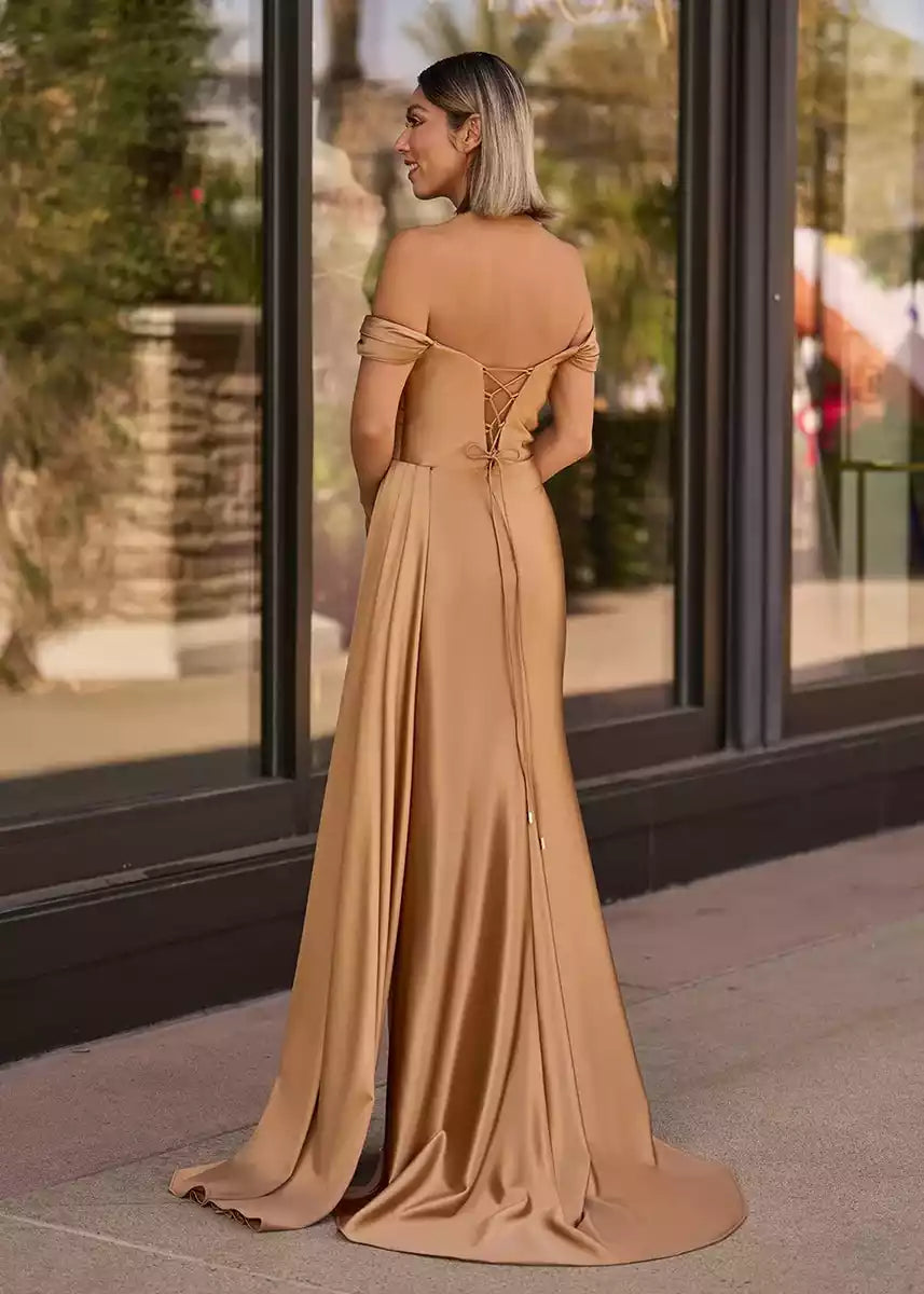 Exquisite cut satin V-neck off shoulder straps, tight corset straps, Prom Dresses at the back
