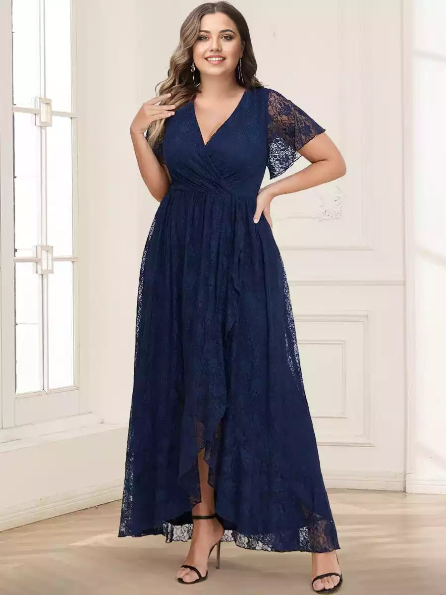 Exquisite lace A-line/princess style short sleeved V-neck ruffle edge plus side slit Mother of the Bride Dresses