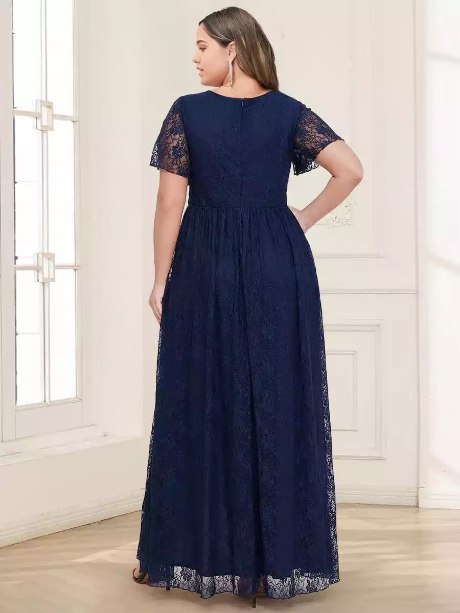 Exquisite lace A-line/princess style short sleeved V-neck ruffle edge plus side slit Mother of the Bride Dresses