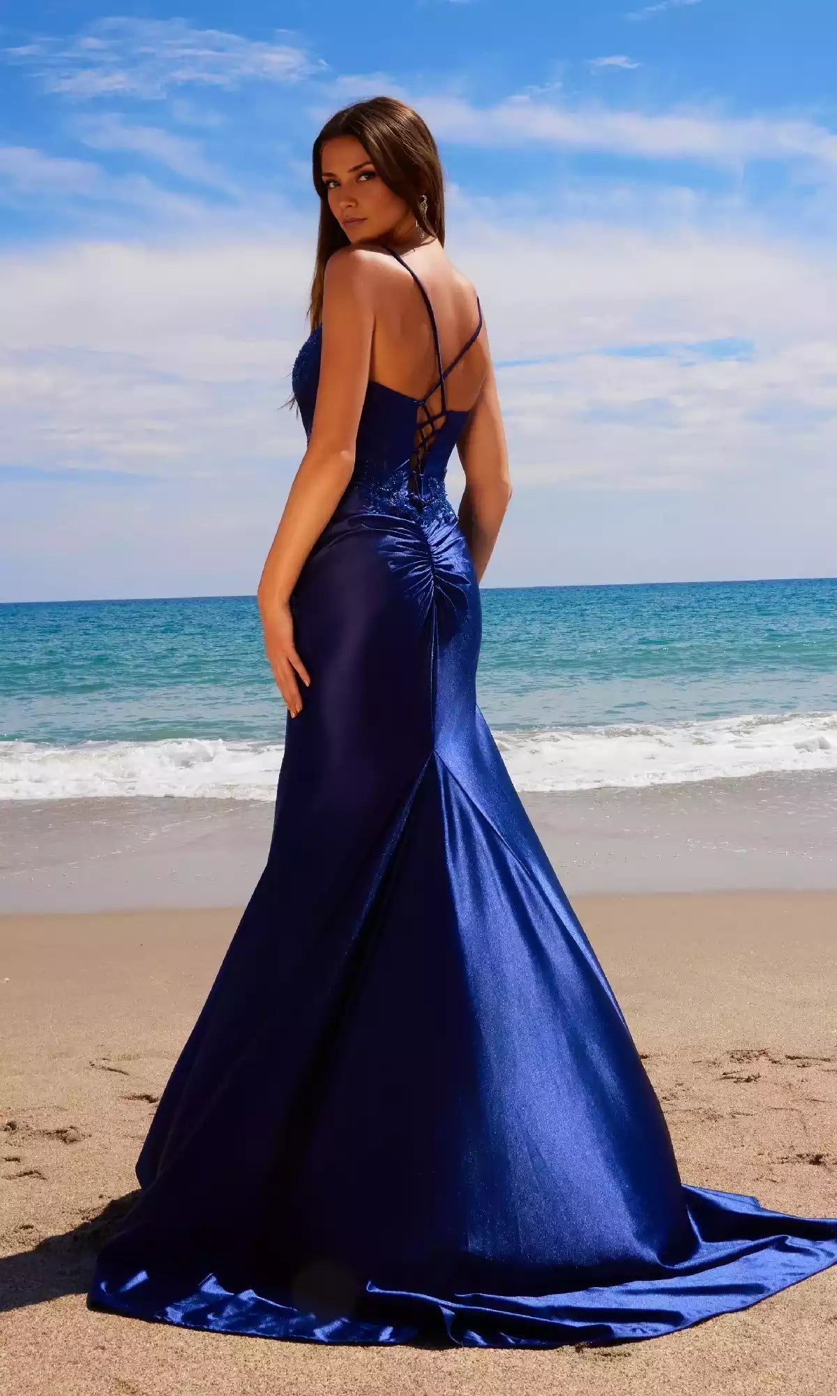 Exquisite long pleated corset with sheer satin skirt and side slits for an elegant and charming Prom Dresses