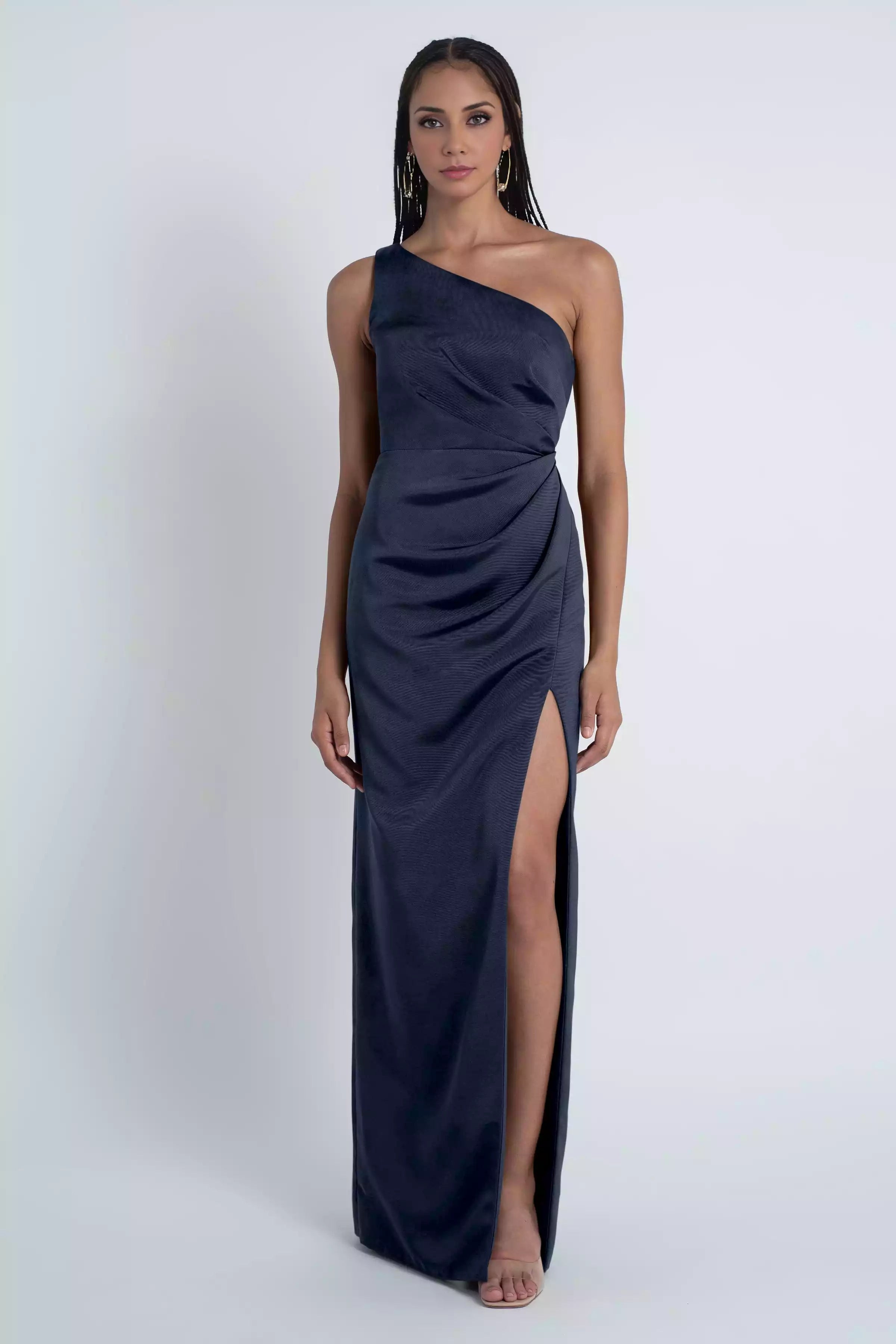 Exquisite one shoulder neckline tight corset with asymmetrical pleats and slits, fully lined back and mid zip Bridesmaid Dresses