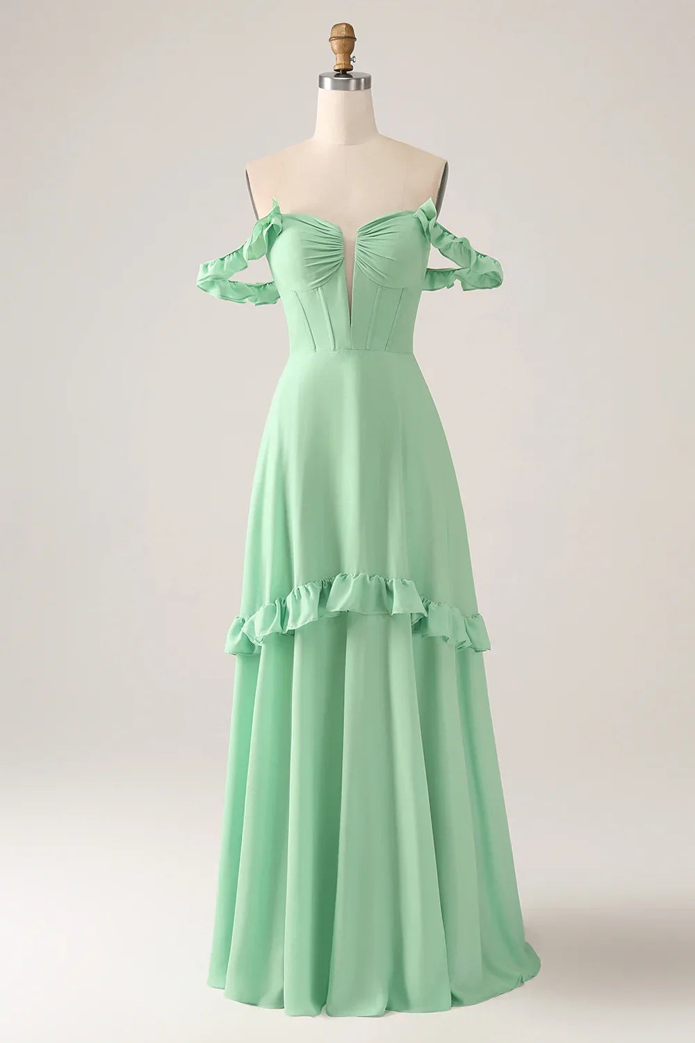 Exquisite ruffled A-line off shoulder tight chiffon long pleated bridesmaid dress