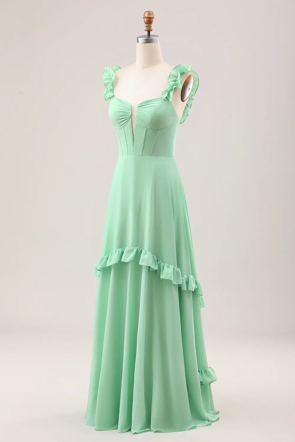 Exquisite ruffled A-line off shoulder tight chiffon long pleated bridesmaid dress