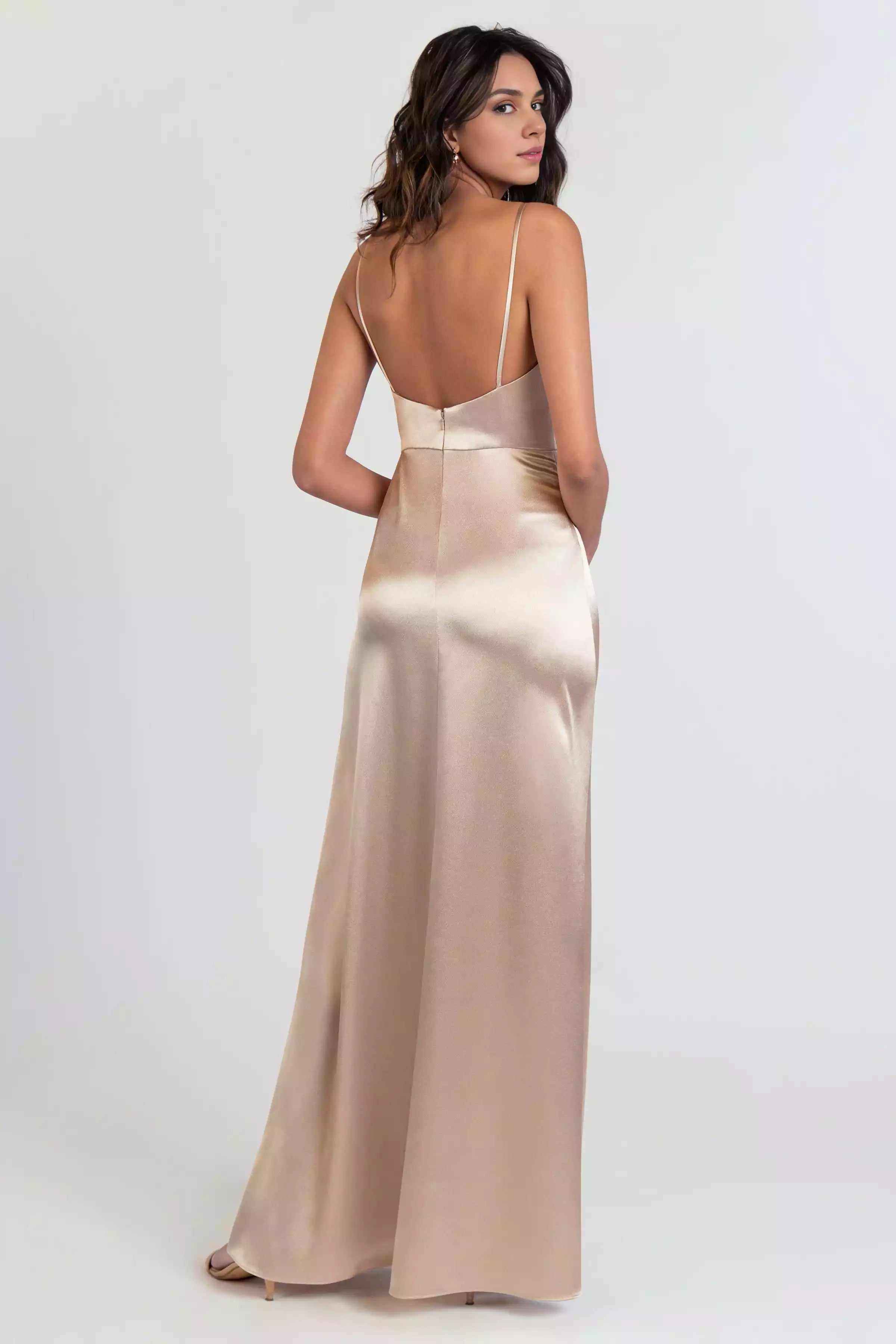 Exquisite thin shoulder strap satin crepe round neck tight corset A-line skirt side slit Evening Dresses