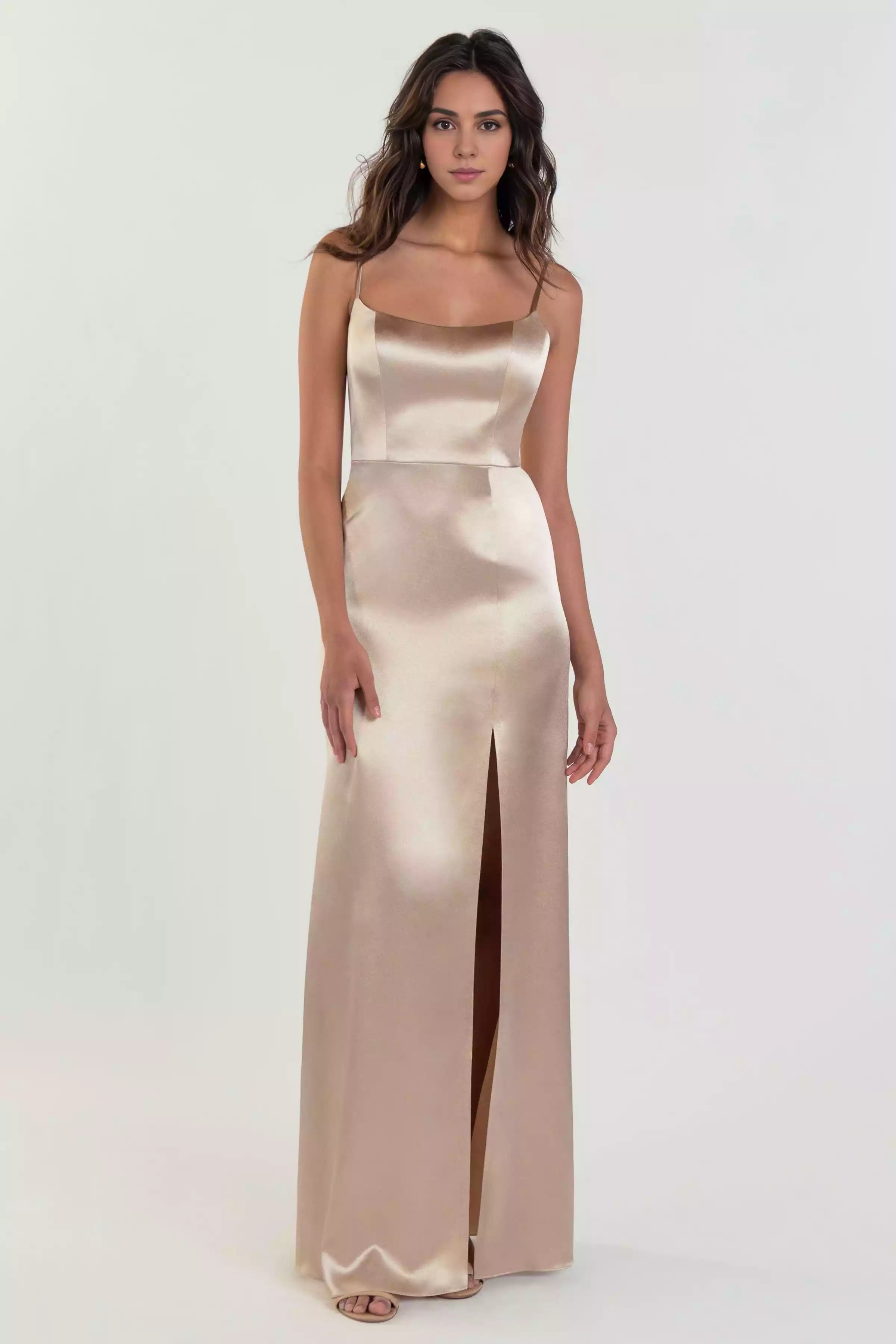 Exquisite thin shoulder strap satin crepe round neck tight corset A-line skirt side slit Evening Dresses