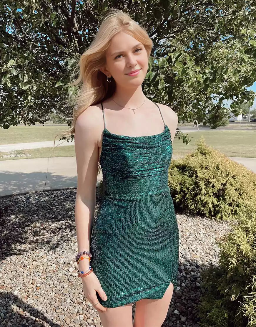 Exquisite tight sequin short square neckline with thin shoulder straps, slit cross back, Homecoming Dresses