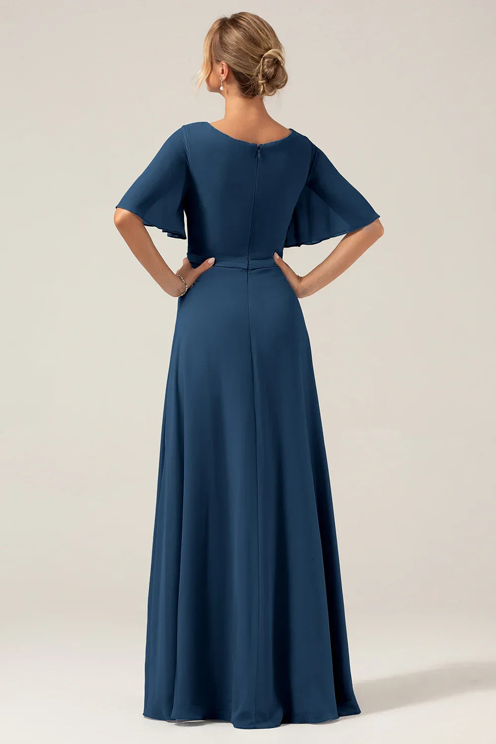 Eye catching A-line V-neck chiffon short sleeved and chiffon bridal mother gown