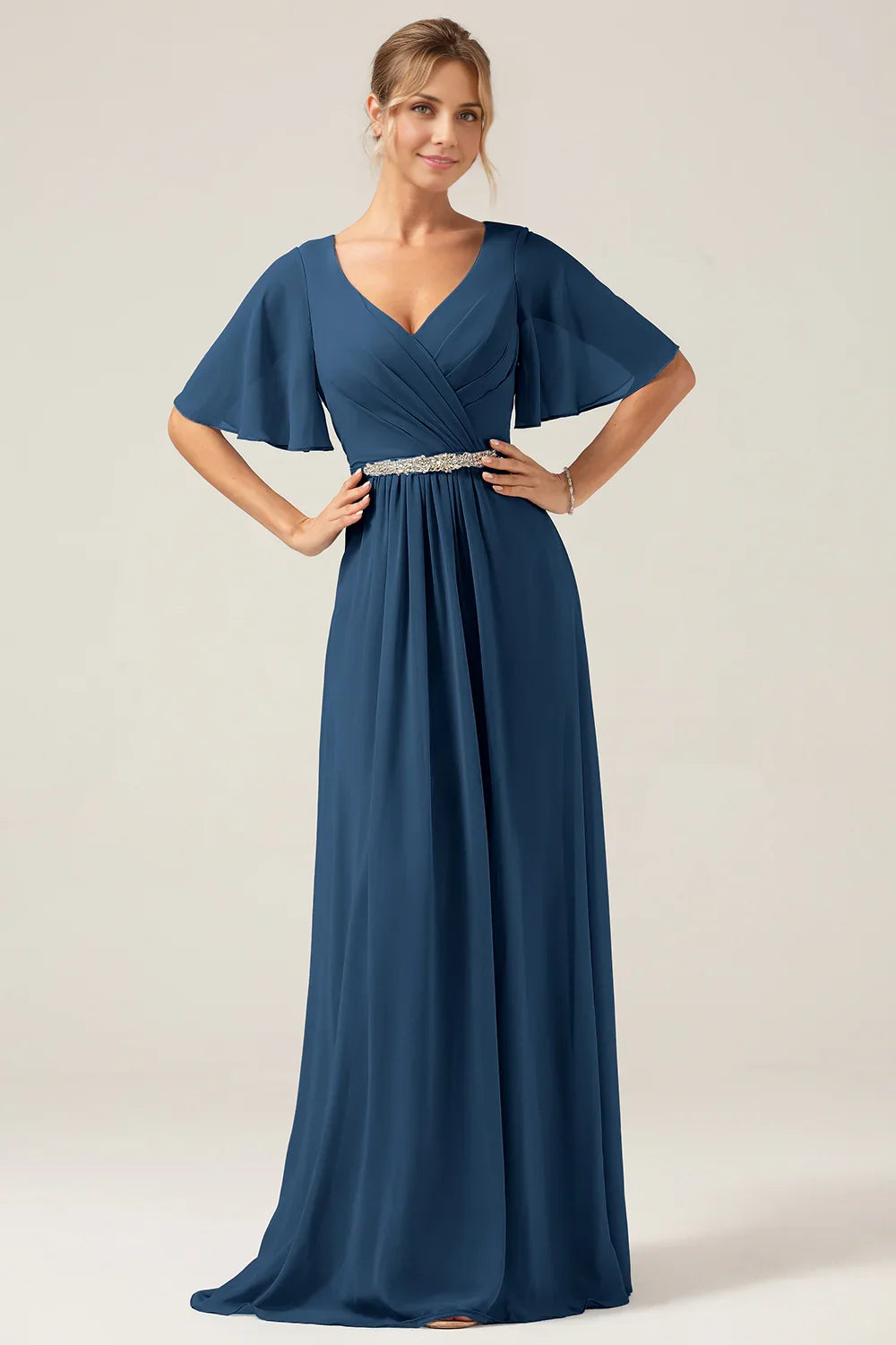 Eye catching A-line V-neck chiffon short sleeved and chiffon bridal mother gown