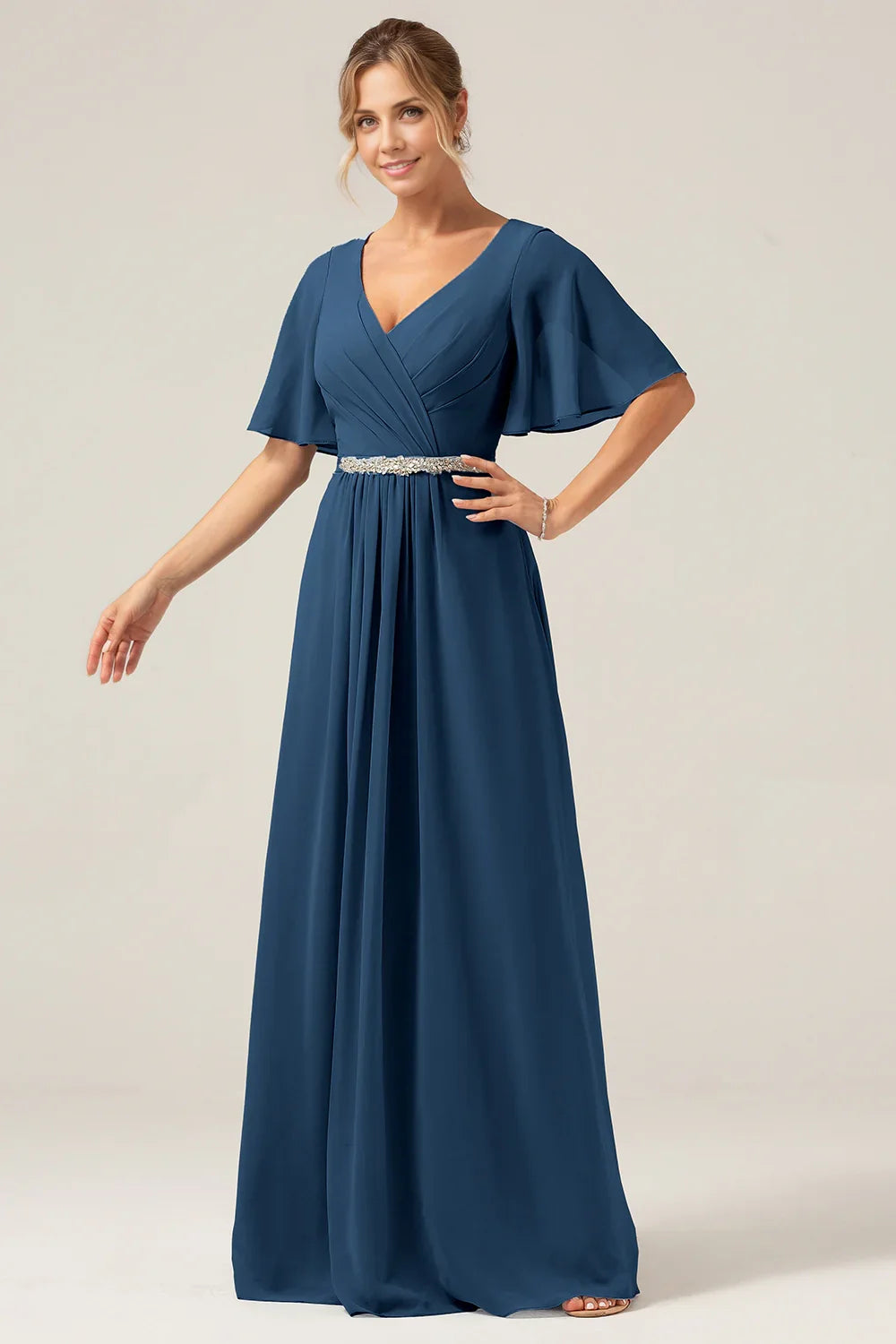 Eye catching A-line V-neck chiffon short sleeved and chiffon bridal mother gown