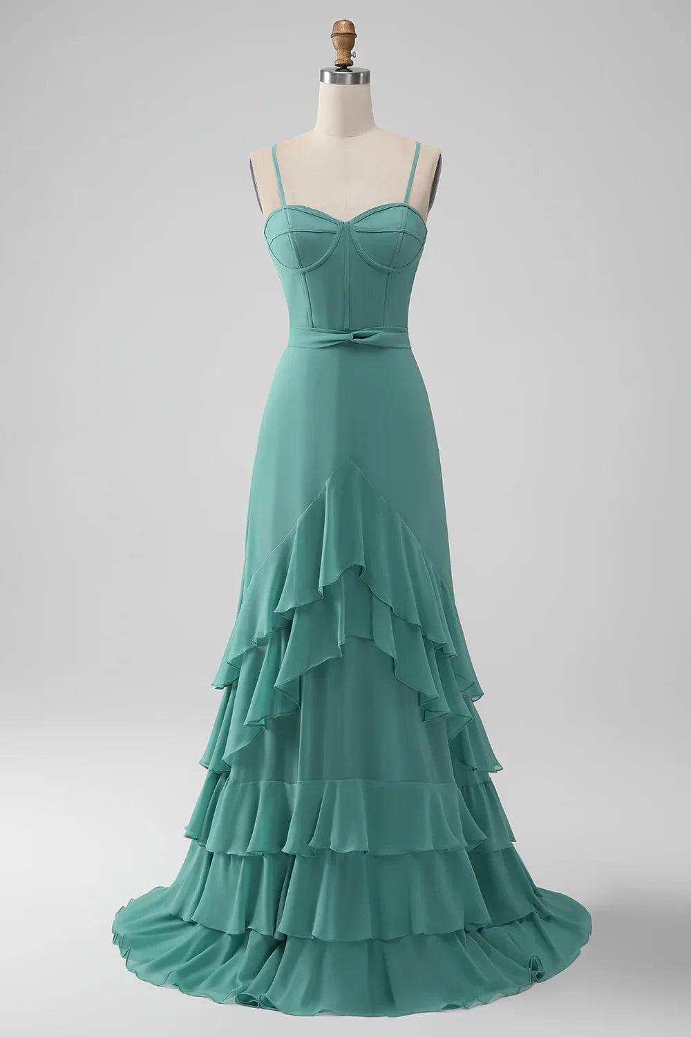 Eye catching A-line thin shoulder strap layered chiffon long bridesmaid dress