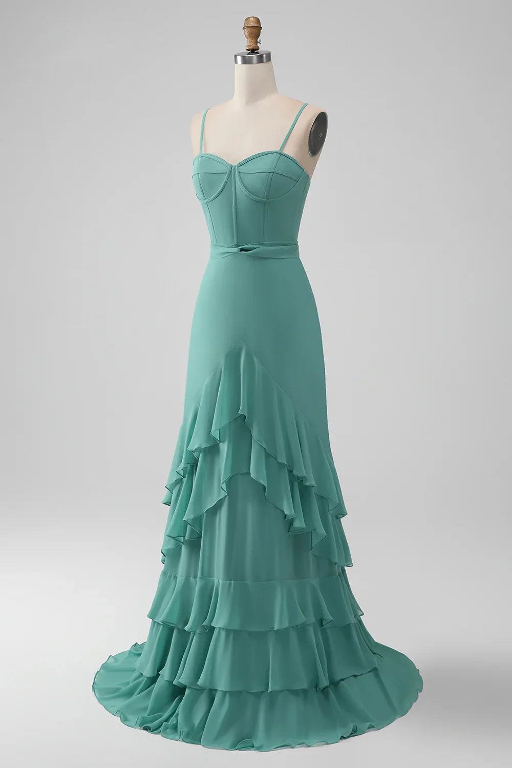 Eye catching A-line thin shoulder strap layered chiffon long bridesmaid dress