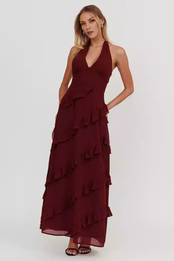 Eye catching neckband with ruffled edges, backless lining, side zipper Prom Dresses