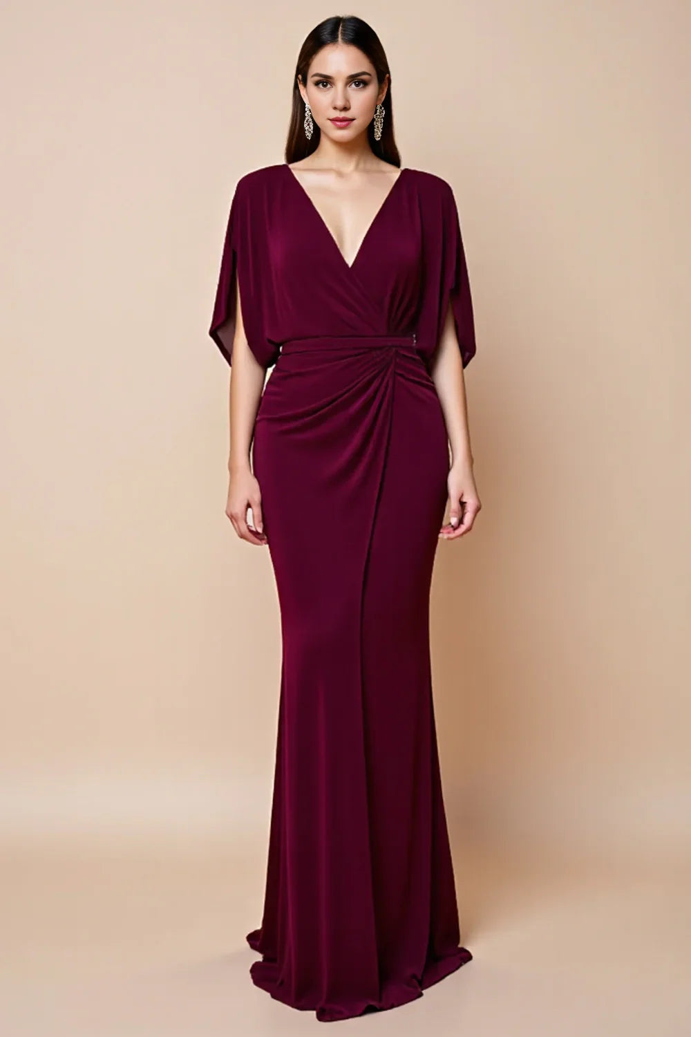Eye catching pleated V-neck mermaid long slim fit pleated bridal mother dress