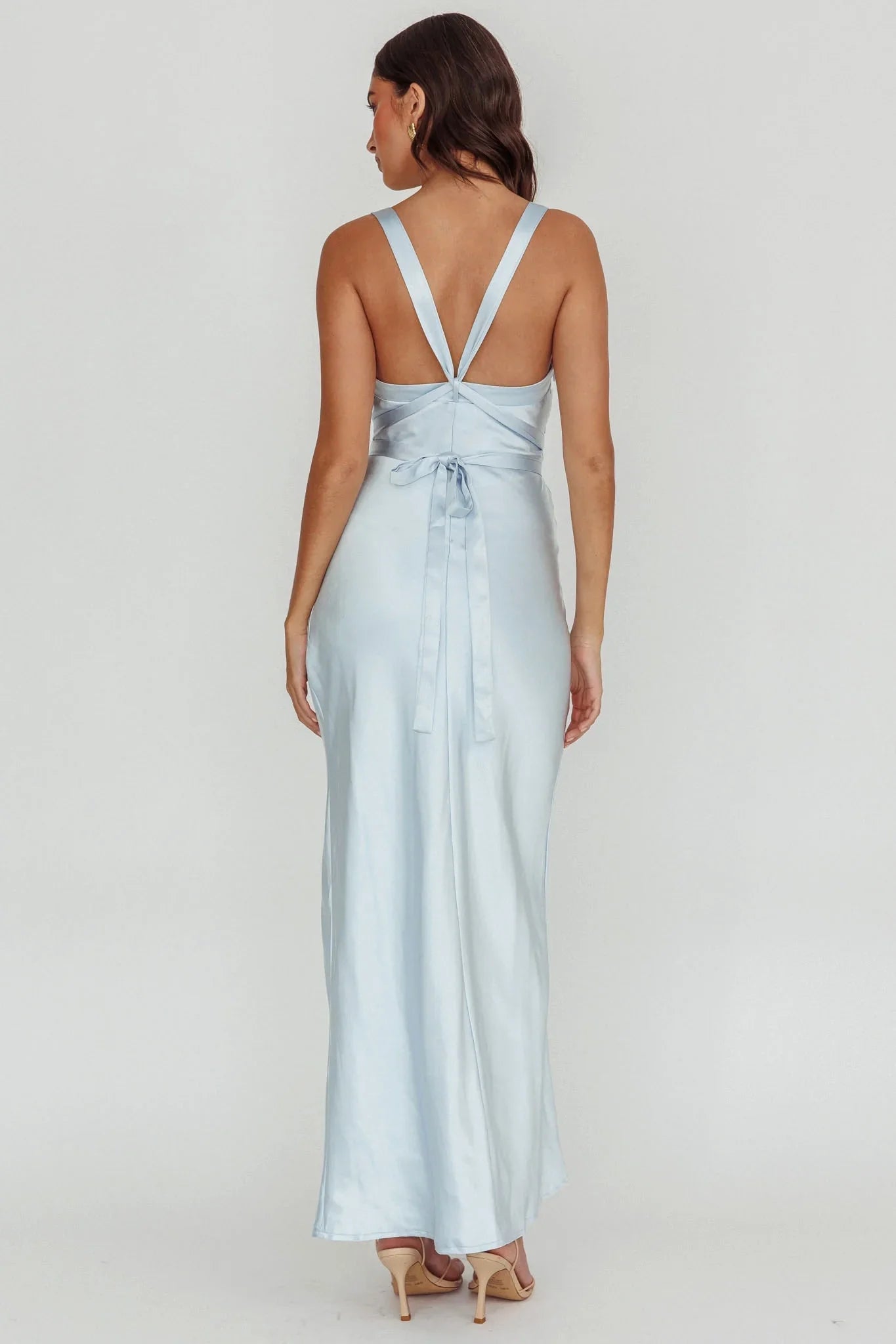 Eye catching satin asymmetrical neckline, extra long cross straps, bridesmaid dress