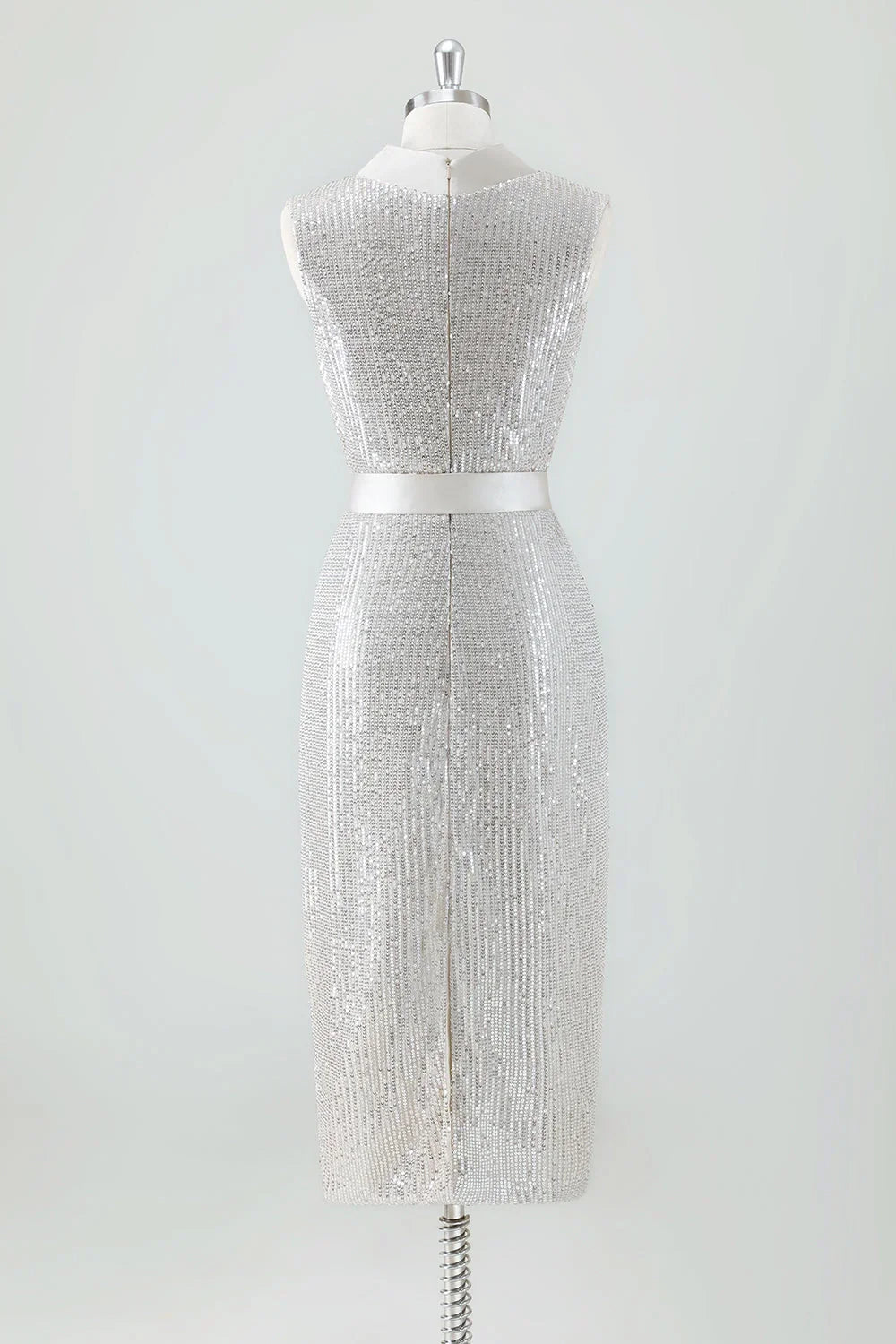 Eye catching shiny tight V-neck knee length sequin bow bridal mother dress