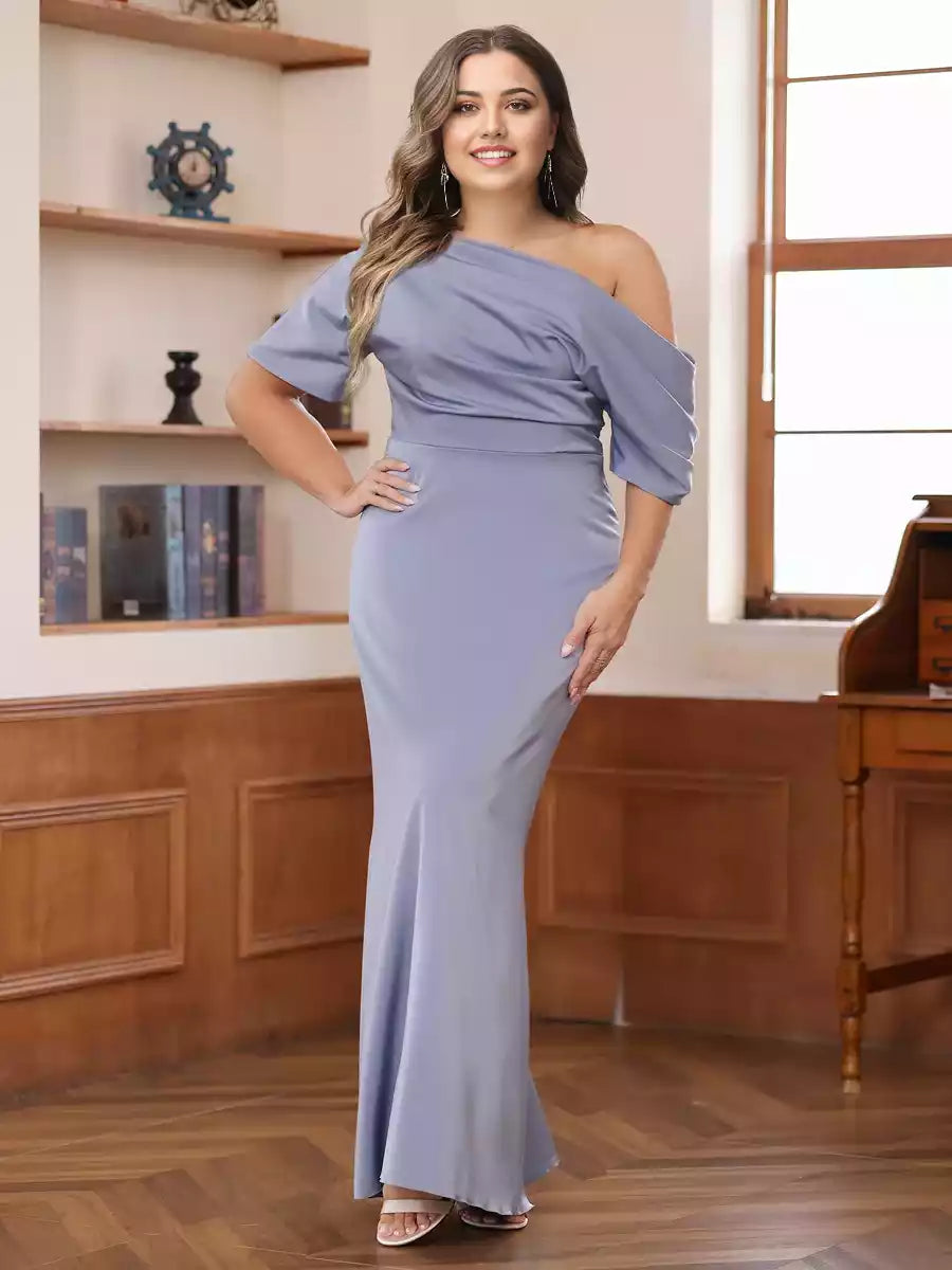 Eye catching single shoulder short sleeved pleated plus size slim fit/straight cut Mother of the Bride Dresses