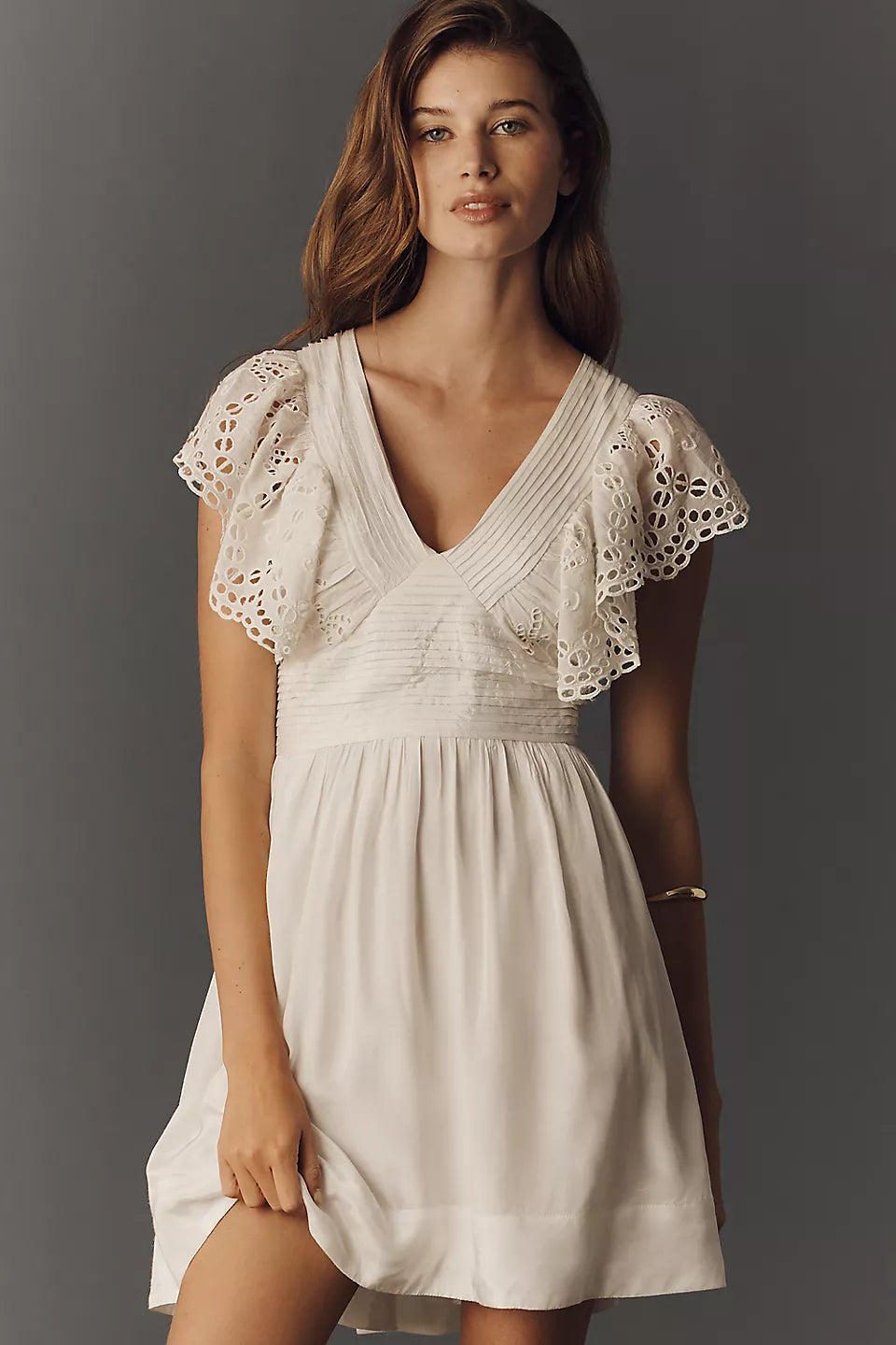Eyelet Lace Ruffle Sleeve Mini Evening Dresses with Tie Back