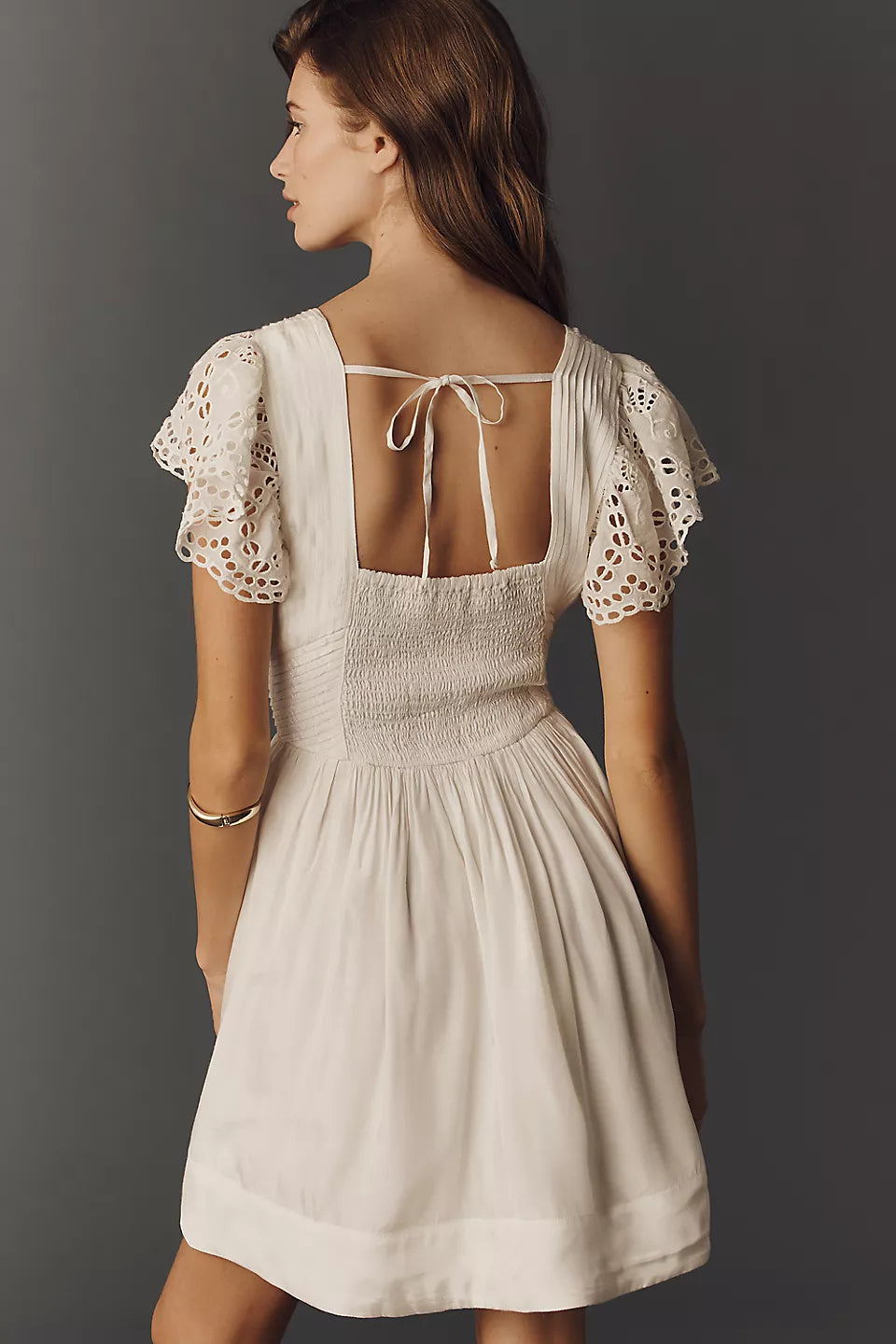 Eyelet Lace Ruffle Sleeve Mini Evening Dresses with Tie Back