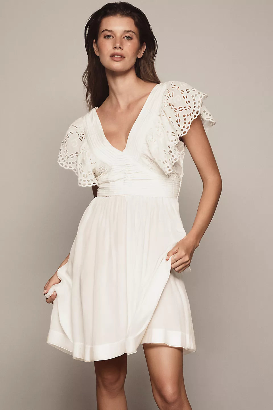 Eyelet Lace Ruffle Sleeve Mini Evening Dresses with Tie Back