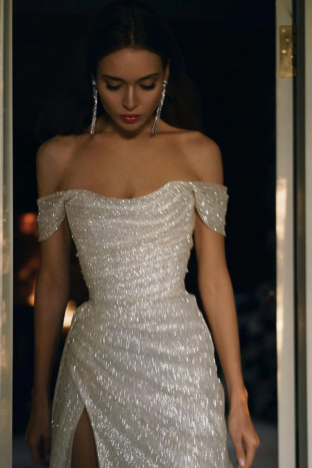 Elegant Mermaid Off the Shoulder Silver Sequins Long Prom Dress with Split Front