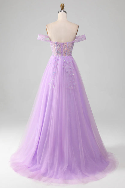 Lavender A Line Off the Shoulder Sequin Tulle Prom Dress with Slit