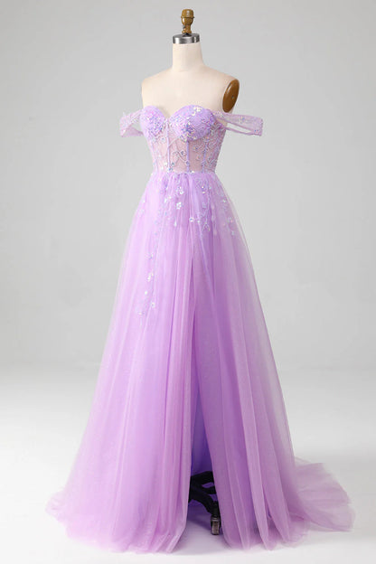 Lavender A Line Off the Shoulder Sequin Tulle Prom Dress with Slit