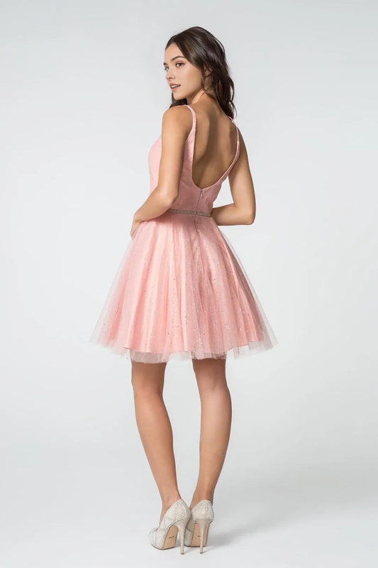 Fashion A-Line Glitter Tulle Illusion V Neck Sleeveless Short Homecoming Dress for women hot sale