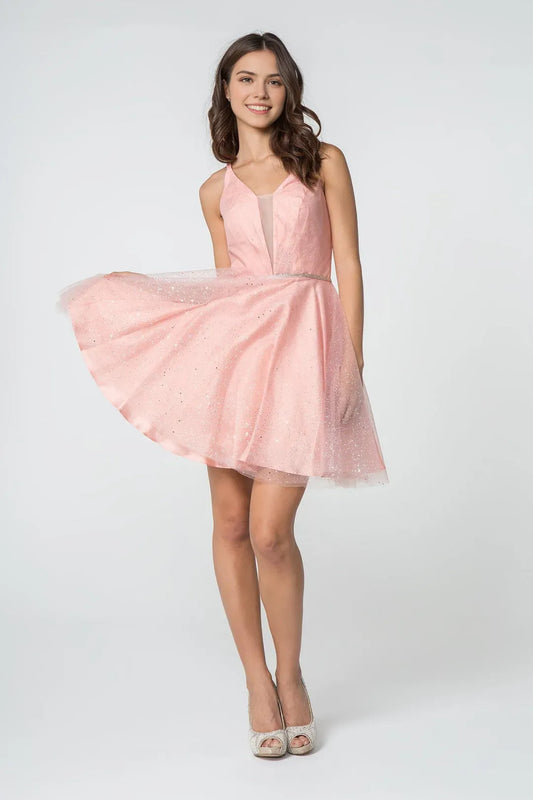 Fashion A-Line Glitter Tulle Illusion V Neck Sleeveless Short Homecoming Dress for women hot sale