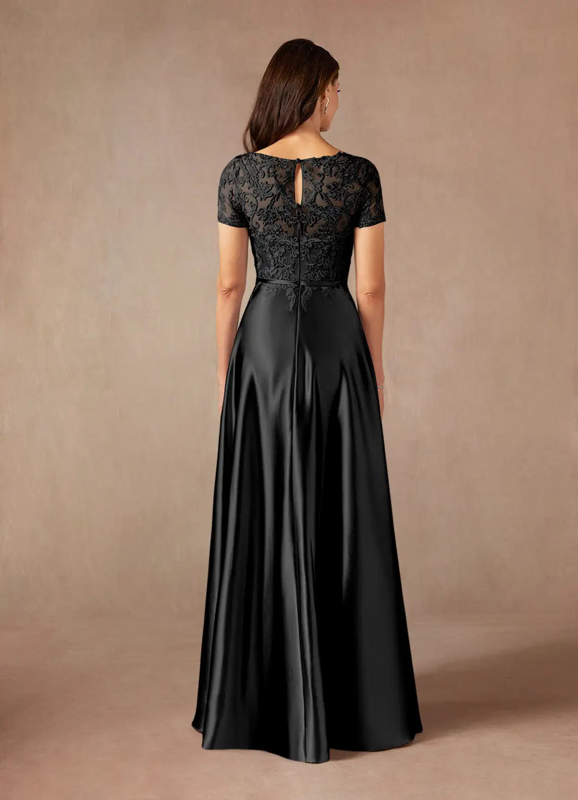 Fashion Black A-Line Lace Scoop Neck Short Sleeves Keyhole Back Zip Floor-Length Mother of the Bride Dress for female guests