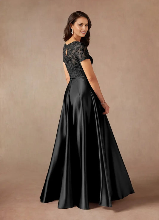 Fashion Black A-Line Lace Scoop Neck Short Sleeves Keyhole Back Zip Floor-Length Mother of the Bride Dress for female guests