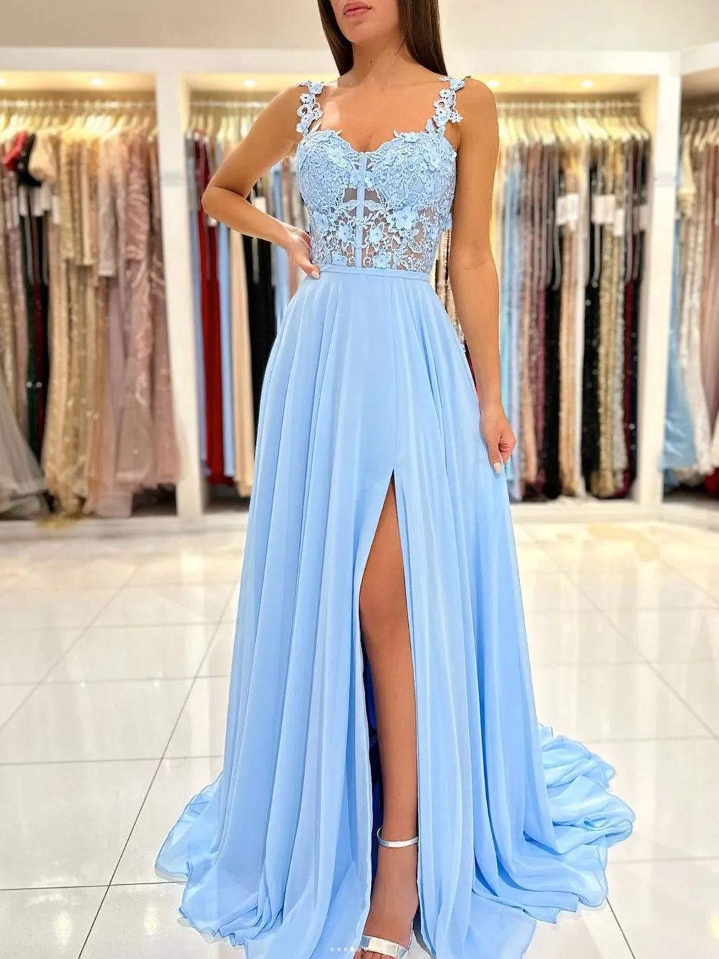 Fashion Blue A-Line V Neck Lace Strap Cut-Out Back Floor-Length High Slit Chiffon Prom Dress
