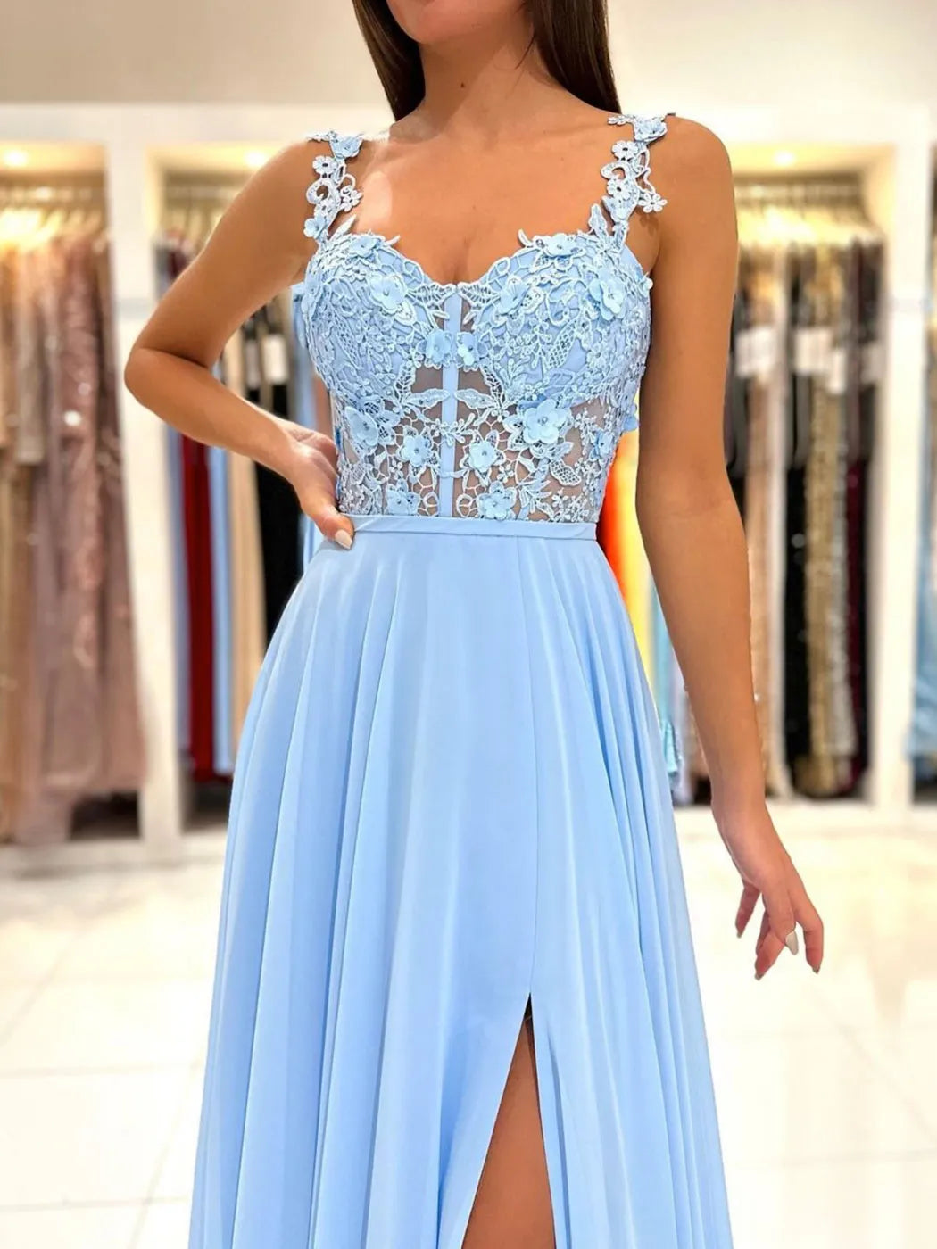 Fashion Blue A-Line V Neck Lace Strap Cut-Out Back Floor-Length High Slit Chiffon Prom Dress
