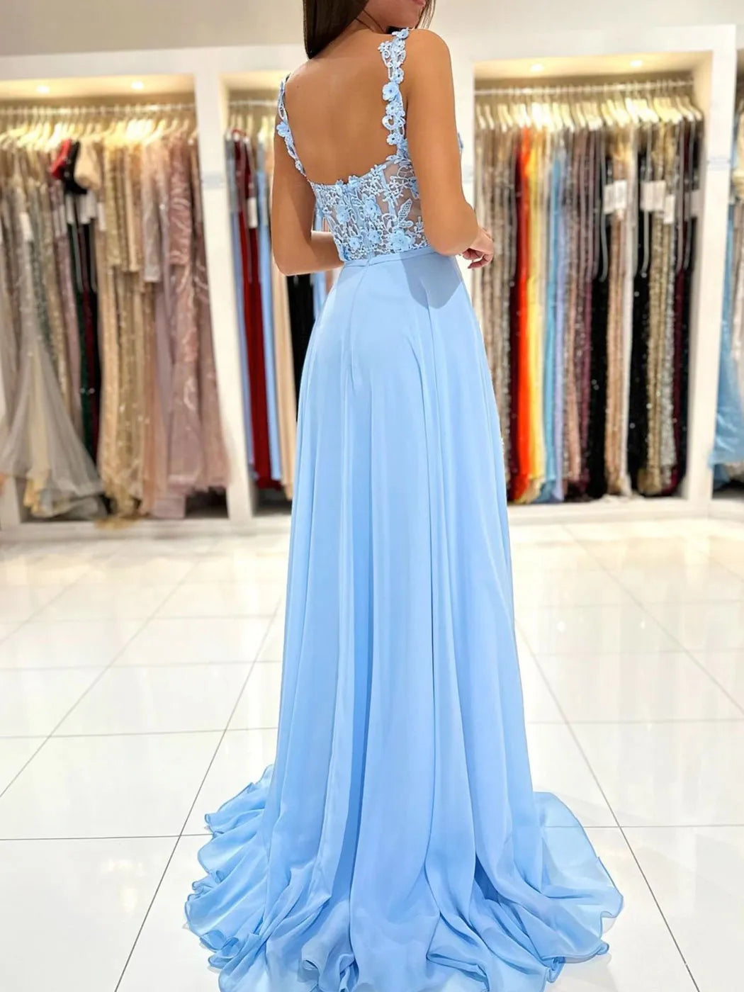 Fashion Blue A-Line V Neck Lace Strap Cut-Out Back Floor-Length High Slit Chiffon Prom Dress