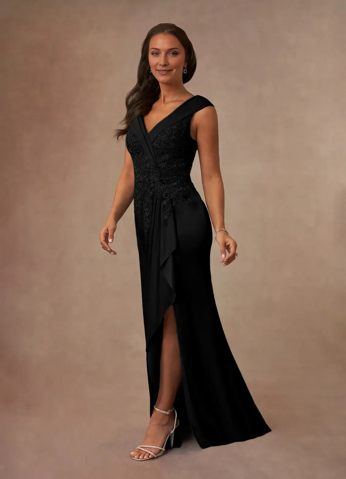 Fashionable A-Line Black Lace V-Neck Cap Sleeves V back Back Zip Floor-Length  Mother of the Bride Dress ready to ship